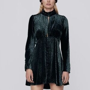Zara Floral Velvet Mini Dress Women's Medium Blue‎ Black Holiday Hippie Dainty